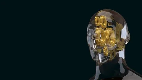 Transparent Human Head With Gears On Dark Background 3d Render. Stock Illustration