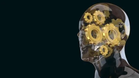 Transparent Human Head With Gears On Dark Background 3d Render. Stock Illustration