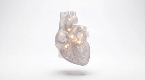 Transparent human heart model with internal golden lights floating against .. Stock Illustration
