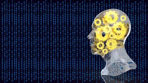 Transparent Human Mind With Gears In Binary Data 3d render. 스톡 일러스트