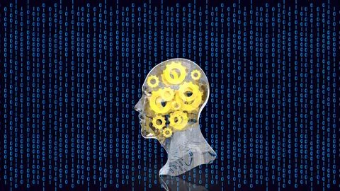 Transparent Human Mind With Gears In Binary Data 3d render. 스톡 일러스트