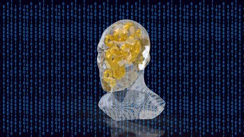 Transparent Human Mind With Gears In Binary Data 3d render. 스톡 일러스트
