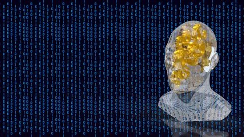 Transparent Human Mind With Gears In Binary Data 3d render. 스톡 일러스트