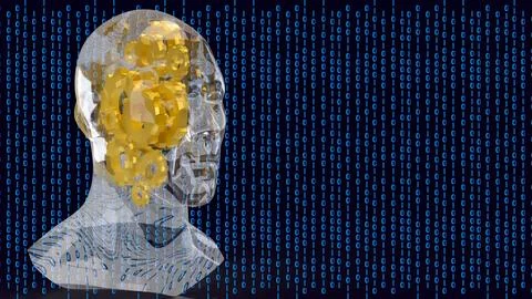 Transparent Human Mind With Gears In Binary Data 3d render. 스톡 일러스트