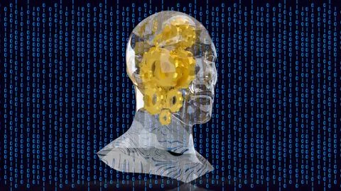 Transparent Human Mind With Gears In Binary Data 3d render. 스톡 일러스트