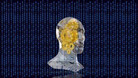 Transparent Human Mind With Gears In Binary Data 3d render. 스톡 일러스트