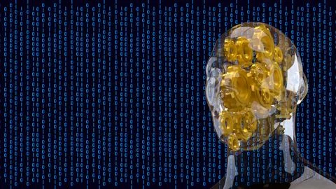 Transparent Human Mind With Gears In Binary Data 3d render. 스톡 일러스트
