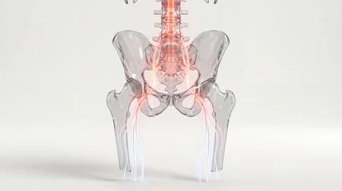 Transparent human pelvis showing bones, spine, and glowing red pain in nerv.. Illustrazione stock