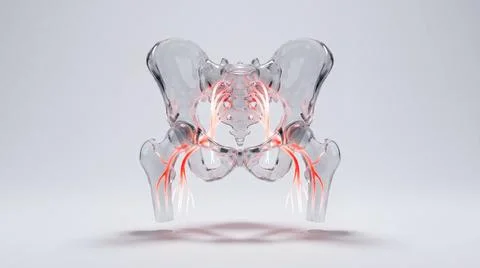 Transparent human pelvis showing bones and glowing red pain in nerve roots .. Illustrazione stock