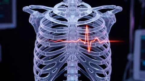 Transparent human rib cage with red glowing heartbeat line for diagnostics. Stock Illustration