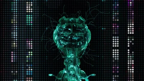 Transparent humanoid robot head with data imprint overlay around. Neural Stock Footage 321608317