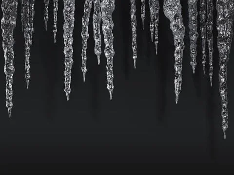 Transparent icicles frame on black 3d background. Winter border of long hanging Illustrazione stock