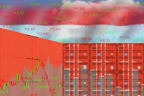 Transparent Indonesia flag on up down graphs and Cargo ship container. Stock Illustration