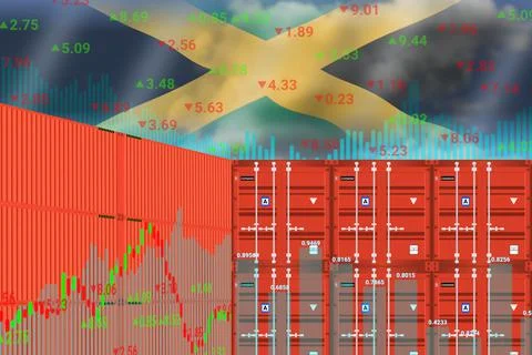 Transparent Jamaica flag on up down graphs and Cargo ship container. Stockillustratie