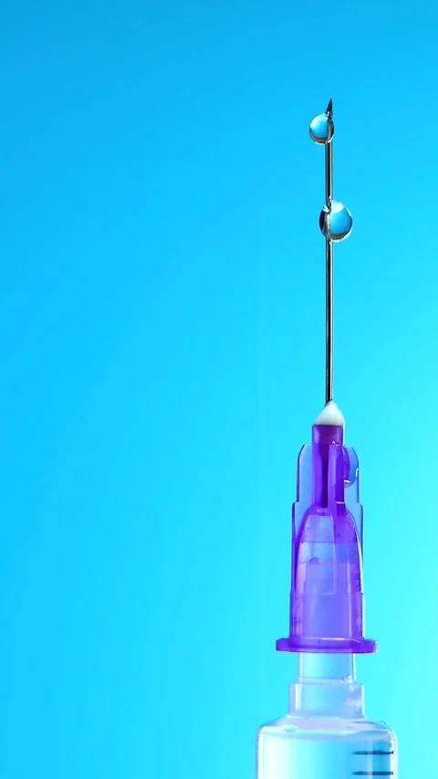 Transparent liquid forming drop at sharp end of hypodermic needle Stock Footage 326290575