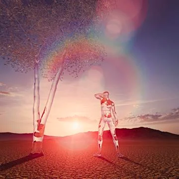 Transparent man and tree in desert Illustrazione stock