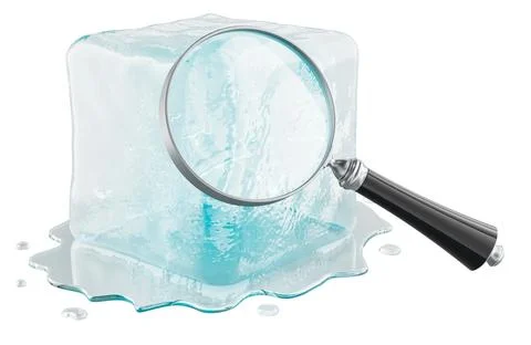 Transparent melting ice cube with magnifying glass. Climate change, tempera.. Ilustração Stock