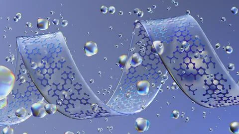 Transparent molecular ribbon helix with floating liquid drops Stock Illustration