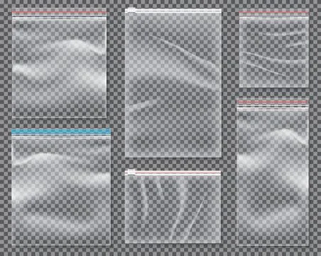 Transparent Nylon Bag with Lock or Zip. Set of Isolated Sealed Polythene Pack Stock Illustration