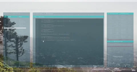 Transparent overlay sliding in, central terminal filling with code and logs Stock Footage 329575144
