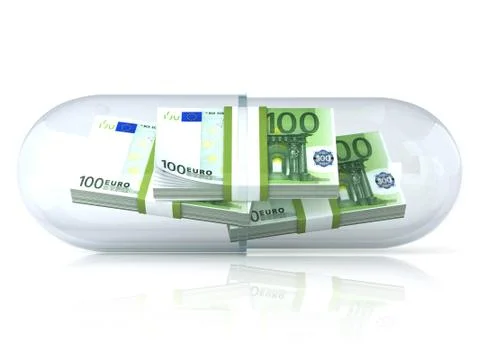 Transparent pill capsule, with euros stack inside. Isolated on white backgrou Ilustração Stock