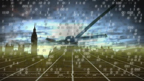 Transparent plane flying toward viewer over wireframe grid with cascading binary Stock Footage 307431873