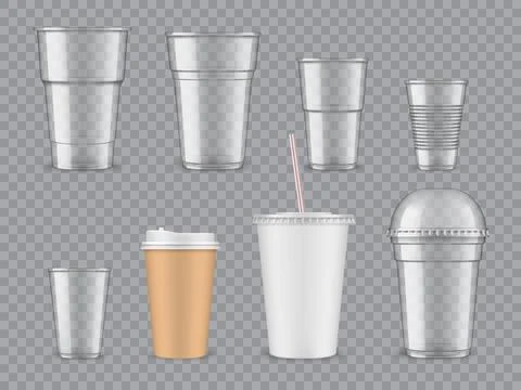 Transparent plastic and paper cups vector set Ilustração Stock