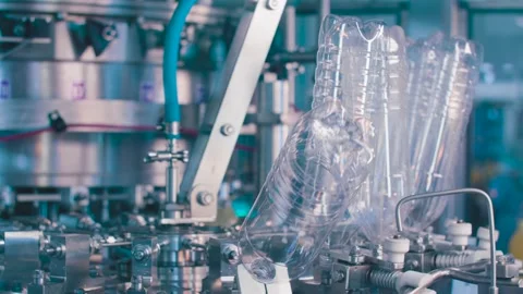 Transparent plastic bottles move on conveyor belt Stock Footage 131843528