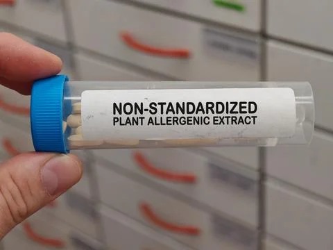 Transparent plastic box of NON-STANDARDIZED PLANT ALLERGENIC EXTRACT allergy and Foto stock
