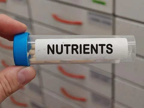 Transparent plastic box of NUTRIENTS dietary supplement category for nutrition 스톡 사진