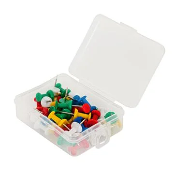 Transparent plastic box with thumbtacks isolated on white background Stock Photos