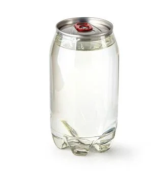 Transparent plastic can with clear liquid and red ring pull on white backgrou Stock Photos