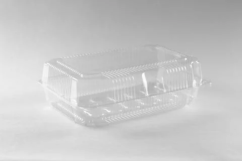 Transparent plastic container. Close up. Isolated on grey background Foto stock
