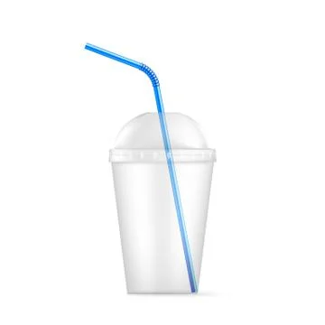 Transparent plastic disposable cup with blue straw. Vector illustration isola Stock Illustration