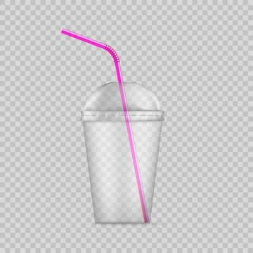 Transparent plastic disposable cup with straw. Disposable container for drink Stock Illustration