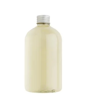 Transparent plastic low thick bottle with pale fresh drink or cosmetic essent Stock Photos