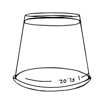 Transparent plastic measuring cup to measuring mouthwash liquid. Inverted gra Illustrazione stock