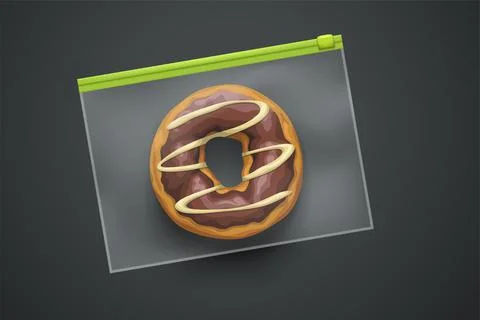 Transparent plastic package with donut on dark Stock Illustration