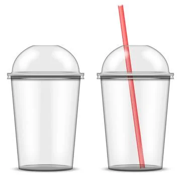 Transparent plastic takeaway empty cups with dome lids and red drinking str.. Stock Illustration