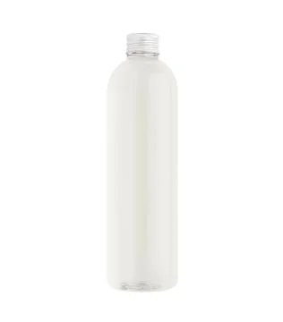 Transparent plastic tall thin bottle with water or cosmetic product silver ca Stock Photos