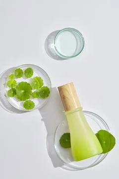 Transparent podium with empty label jar and gotu kola leaves displayed on and Stock Photos