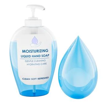 Transparent pump bottle of moisturizing liquid hand soap with water drop. 3.. Stock Illustration