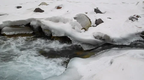 Transparent pure water flows among ice and rock Stock Footage 34046973