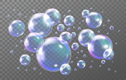 Transparent rainbow soap, 3d flying balls. Color water realistic objects is.. Stock Illustration