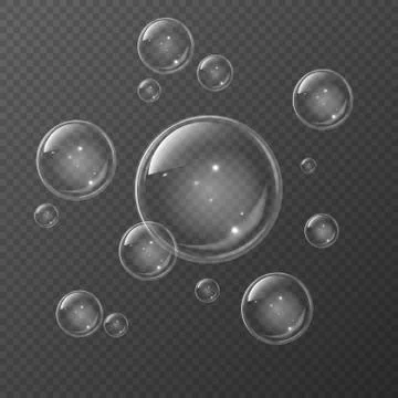 Transparent realistic set of soap bubbles. Aqua clear white spheres blowing air Illustrazione stock