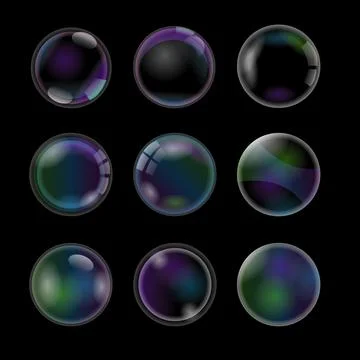 Transparent Realistic soap bubbles with rainbow reflection set collection w.. Stock Illustration