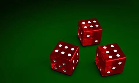 Transparent red dice are falling on the green felt table. The concept of dice Illustrazione stock