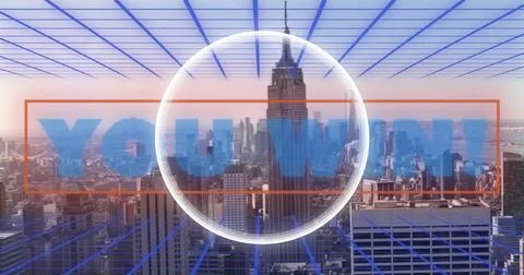 Transparent ring with pixelated YOU WIN hovering over art-deco skyscraper, with Ilustración de archivo