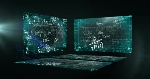Transparent screens displaying complex math formulas, glowing in dark classroom Foto stock