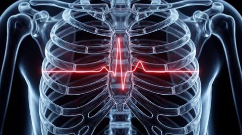 Transparent skeleton chest with glowing red heartbeat line animation. Stock Illustration